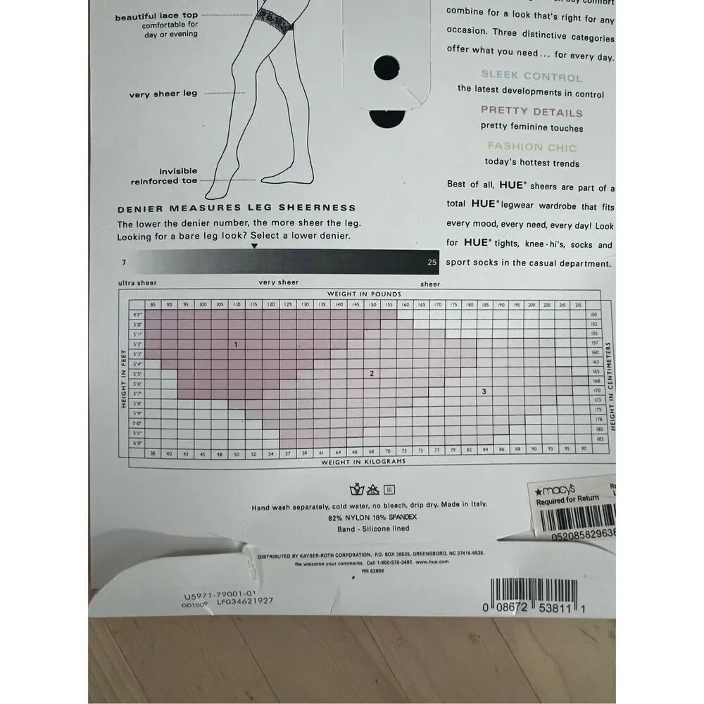 Hue French Lace Thigh High Stockings Black 15 Denier 5971 Very Sheer Leg Size 1